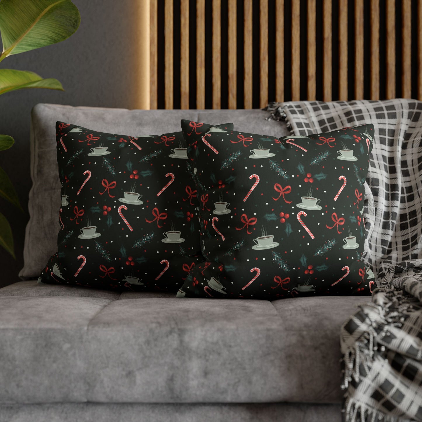 Throw Pillow Christmas Candy Canes Pine Sprigs Coffee Holly Bows Faux Suede - Dark Green