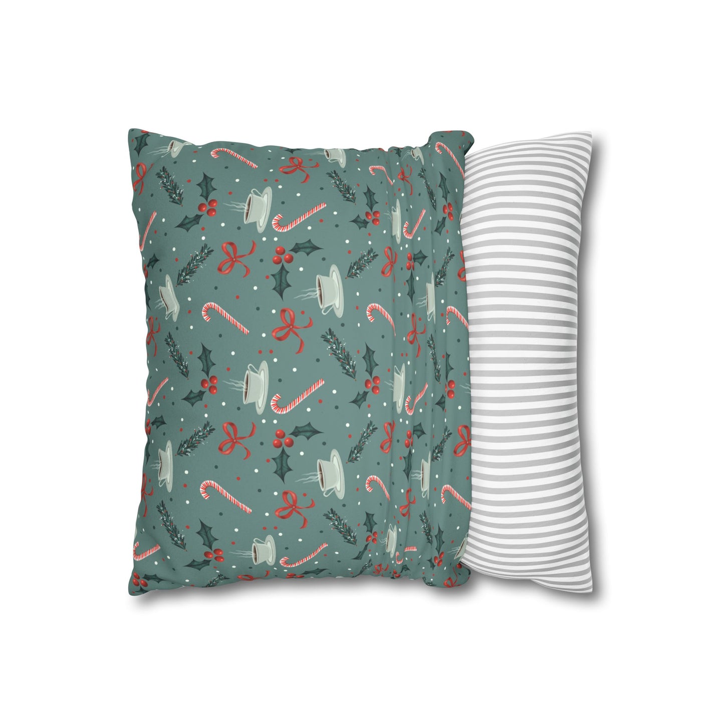 Throw Pillow Christmas Candy Canes Pine Sprigs Coffee Holly Bows Faux Suede - Cool Green