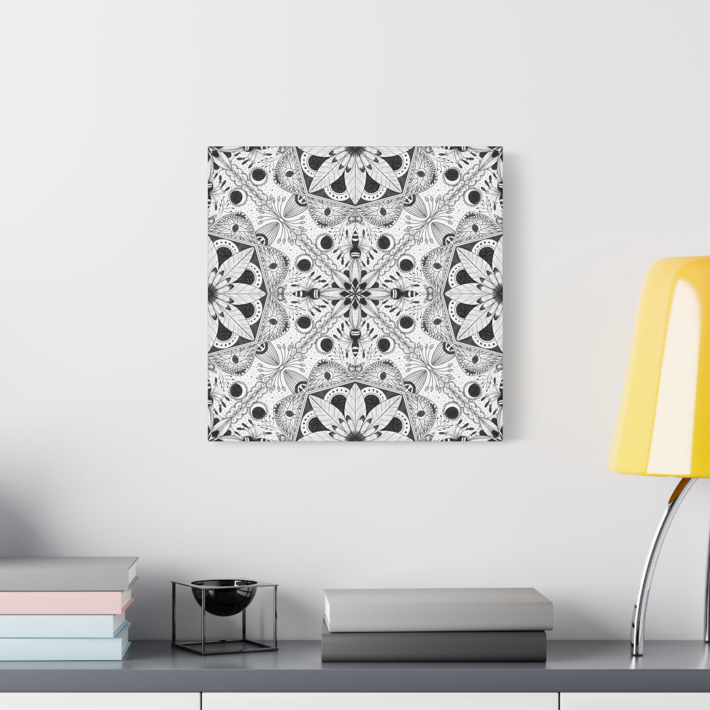 Black and White Floral Pattern Canvas Wall Art - Witchy Moth and Moons