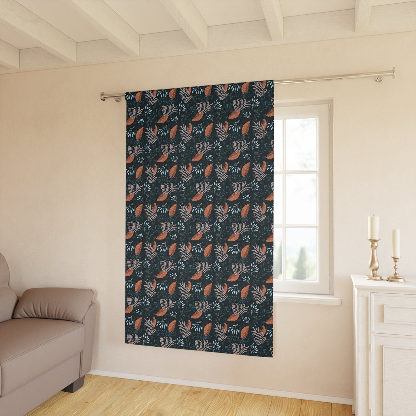 Curtains - Earthy Botanical Pattern in Teal, Orange, and Taupe Colors