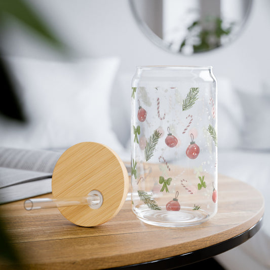 Sipper Glass Christmas Trimings Watercolor Design 16oz