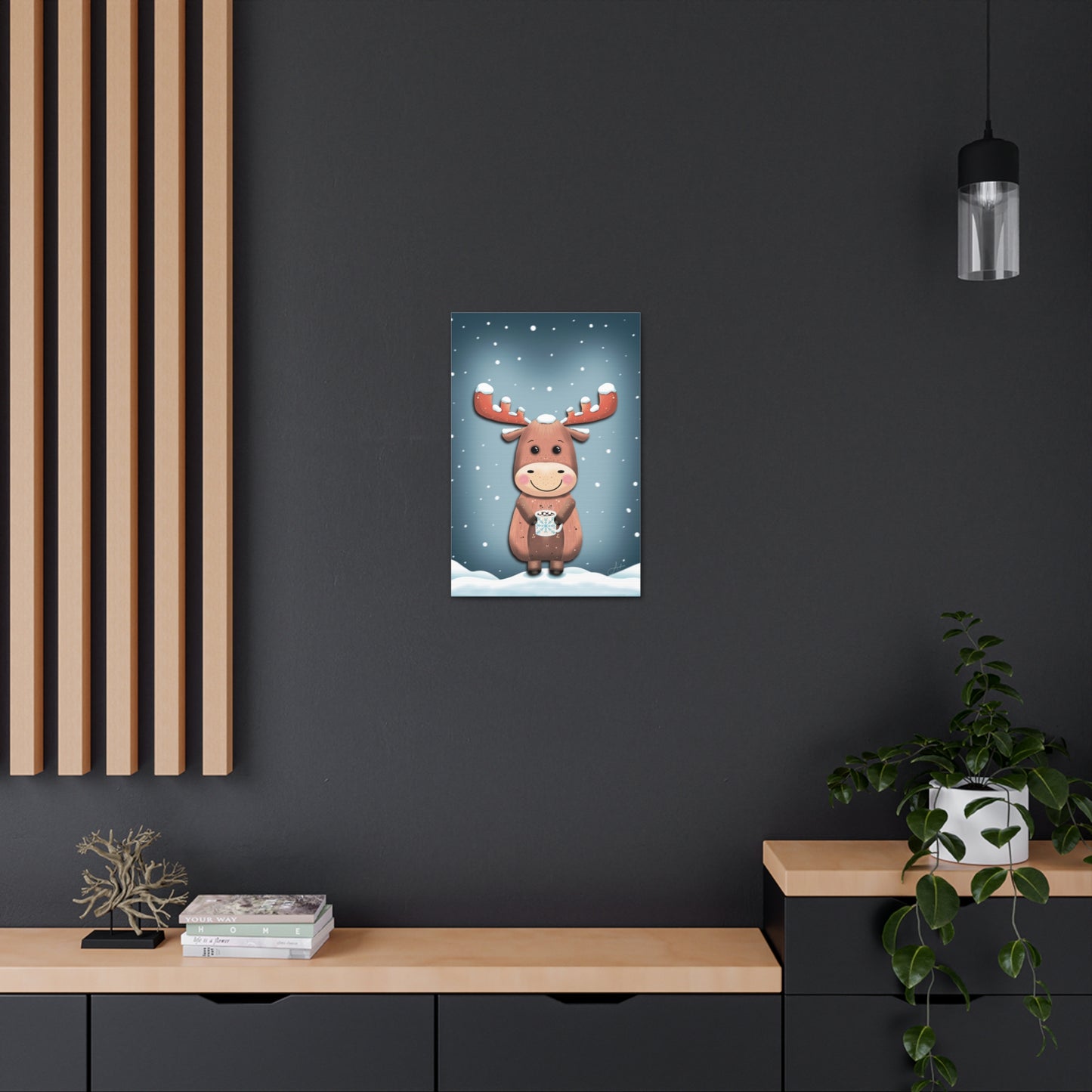 Canvas Wall Art, Cute Moose Covered in Snow, Hot Chocolate with Marshmallows, Frosty Sips Illustration, Winter Cabin Decor, Wildlife Animal