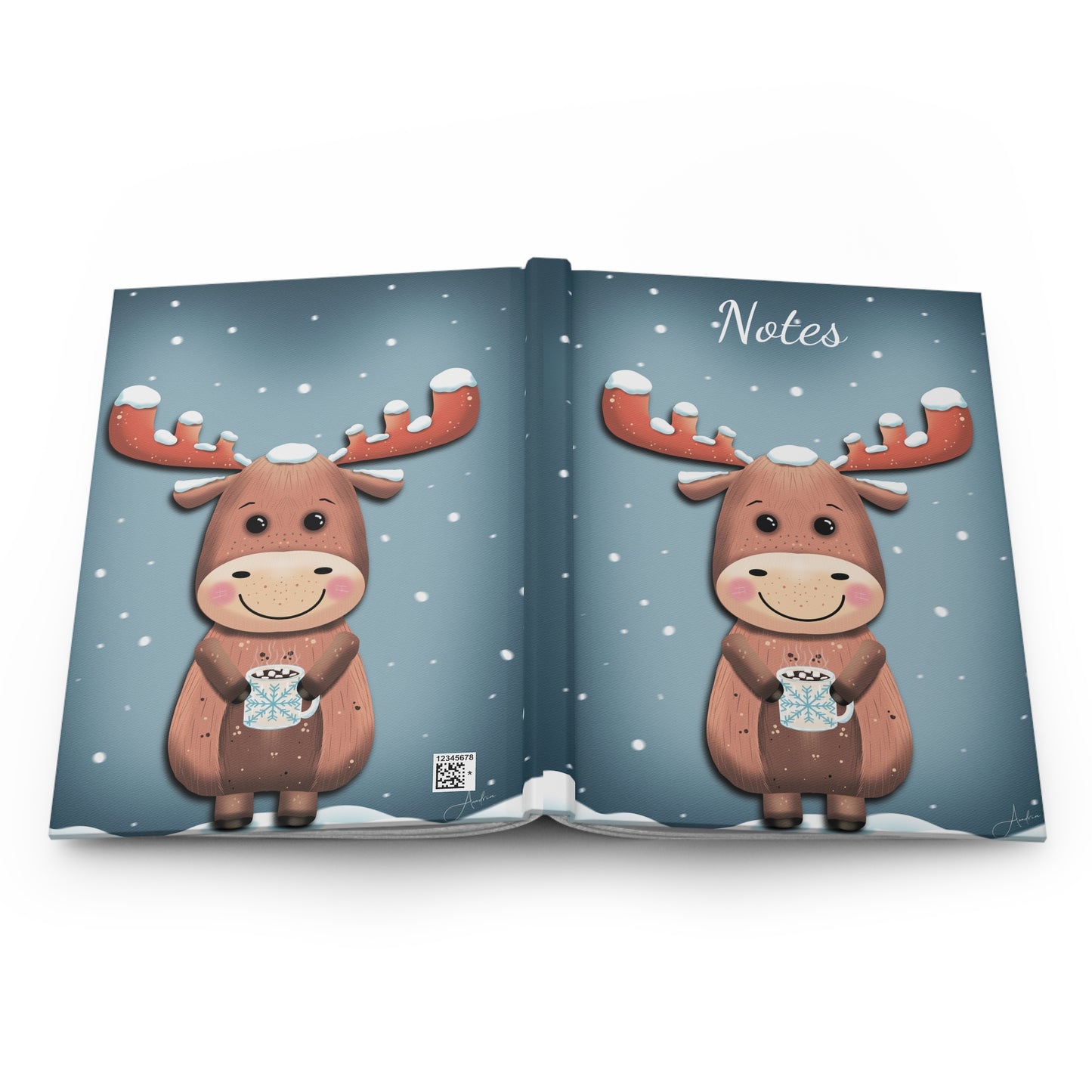 Hardcover Journal Matte with Anndria's Frosty Sips Cute Moose Drawing, Notebook, Sketchbook, Diary, Gift for Writers, Winter Holidays