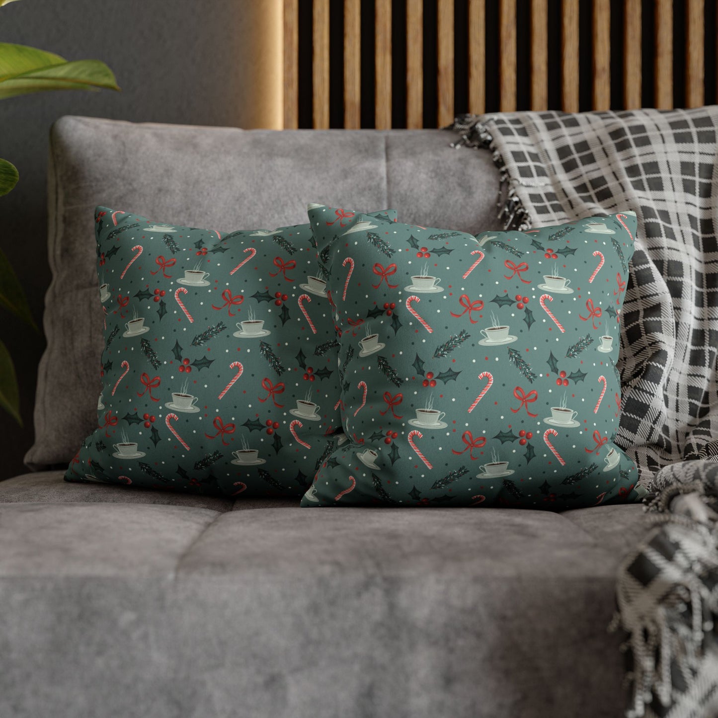 Throw Pillow Christmas Candy Canes Pine Sprigs Coffee Holly Bows Faux Suede - Cool Green