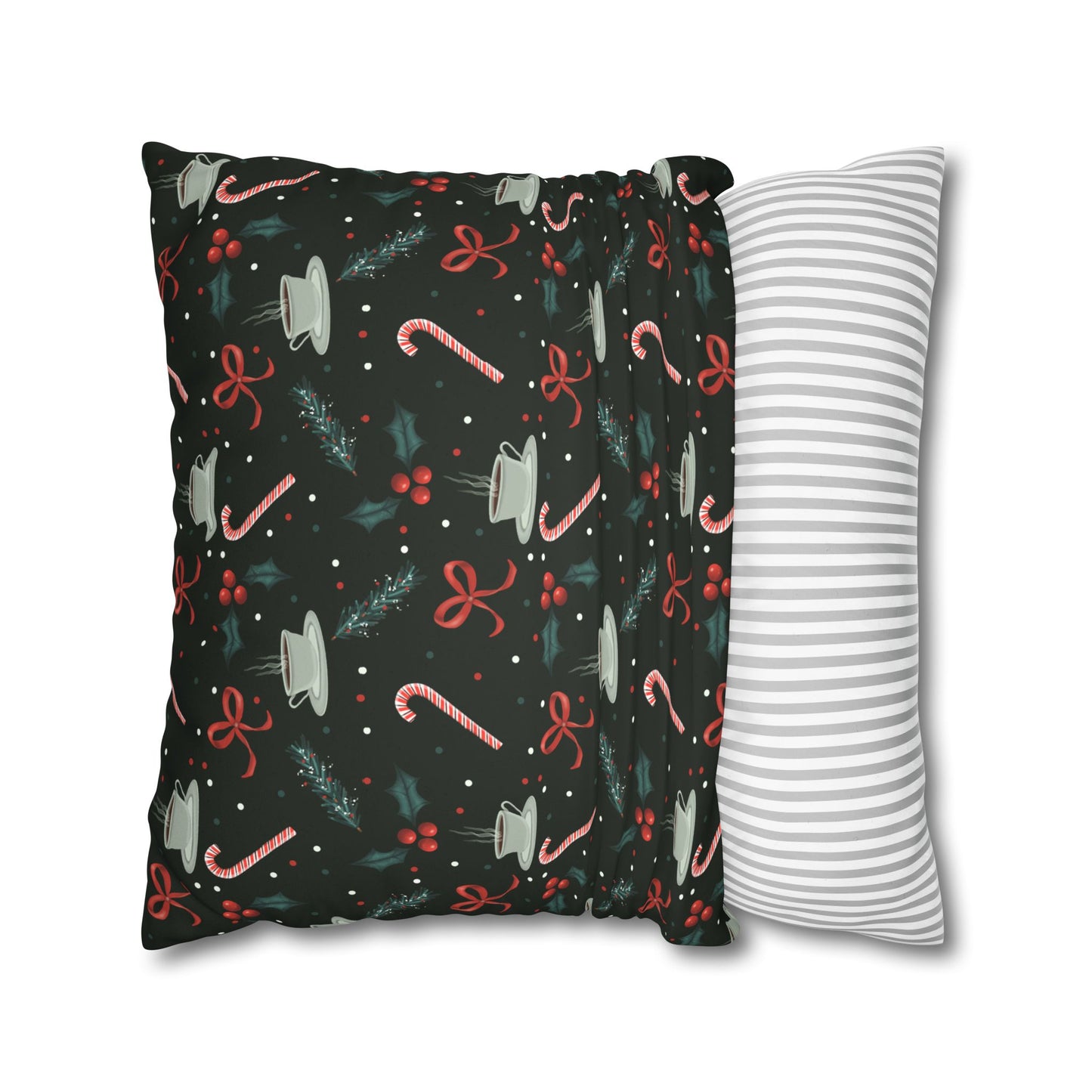 Throw Pillow Christmas Candy Canes Pine Sprigs Coffee Holly Bows Faux Suede - Dark Green