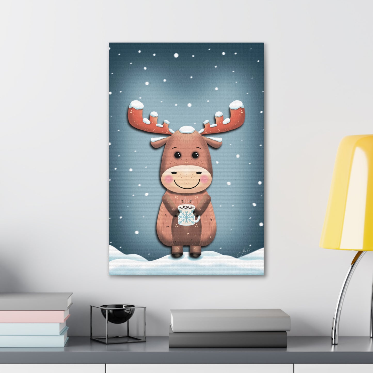 Canvas Wall Art, Cute Moose Covered in Snow, Hot Chocolate with Marshmallows, Frosty Sips Illustration, Winter Cabin Decor, Wildlife Animal