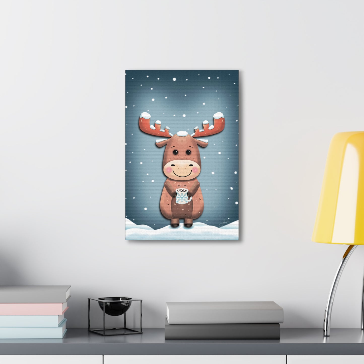 Canvas Wall Art, Cute Moose Covered in Snow, Hot Chocolate with Marshmallows, Frosty Sips Illustration, Winter Cabin Decor, Wildlife Animal