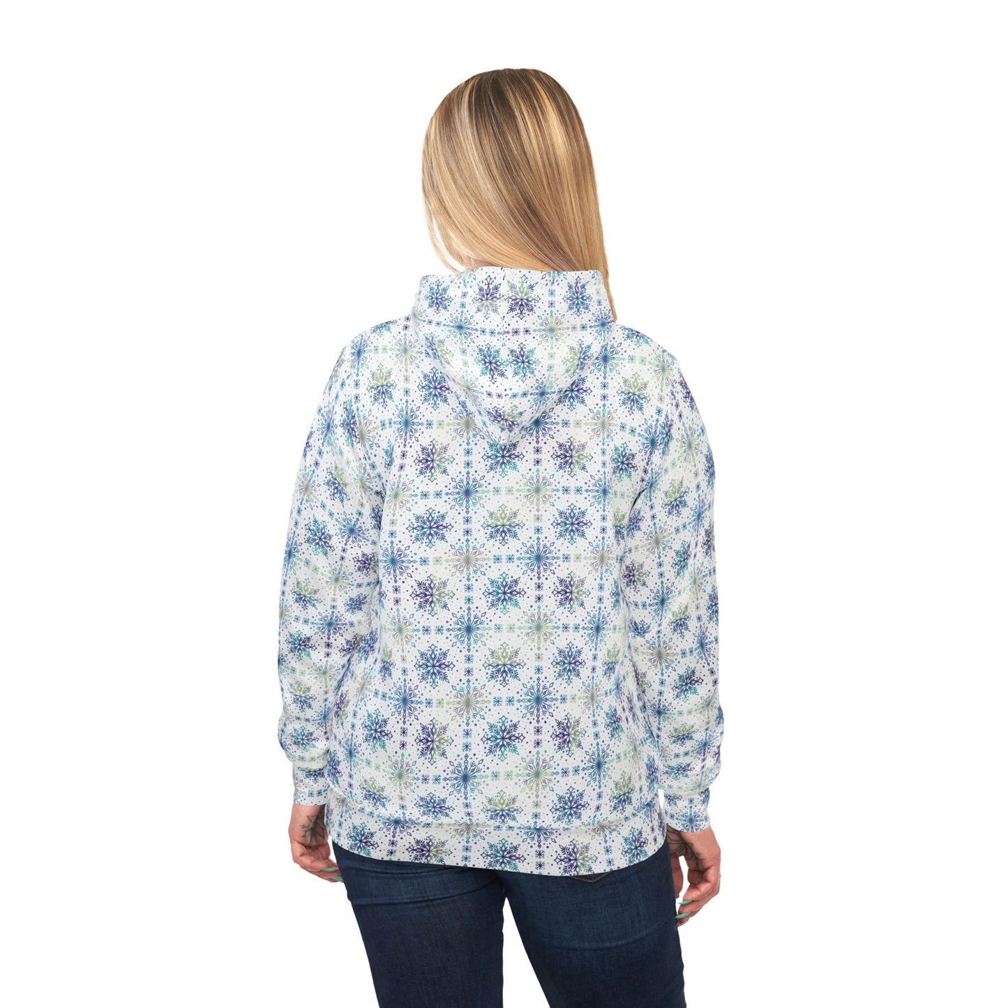 Snowflake Athletic Hoodie - Watercolor Design by Anndria - Frosty teal, purple and green