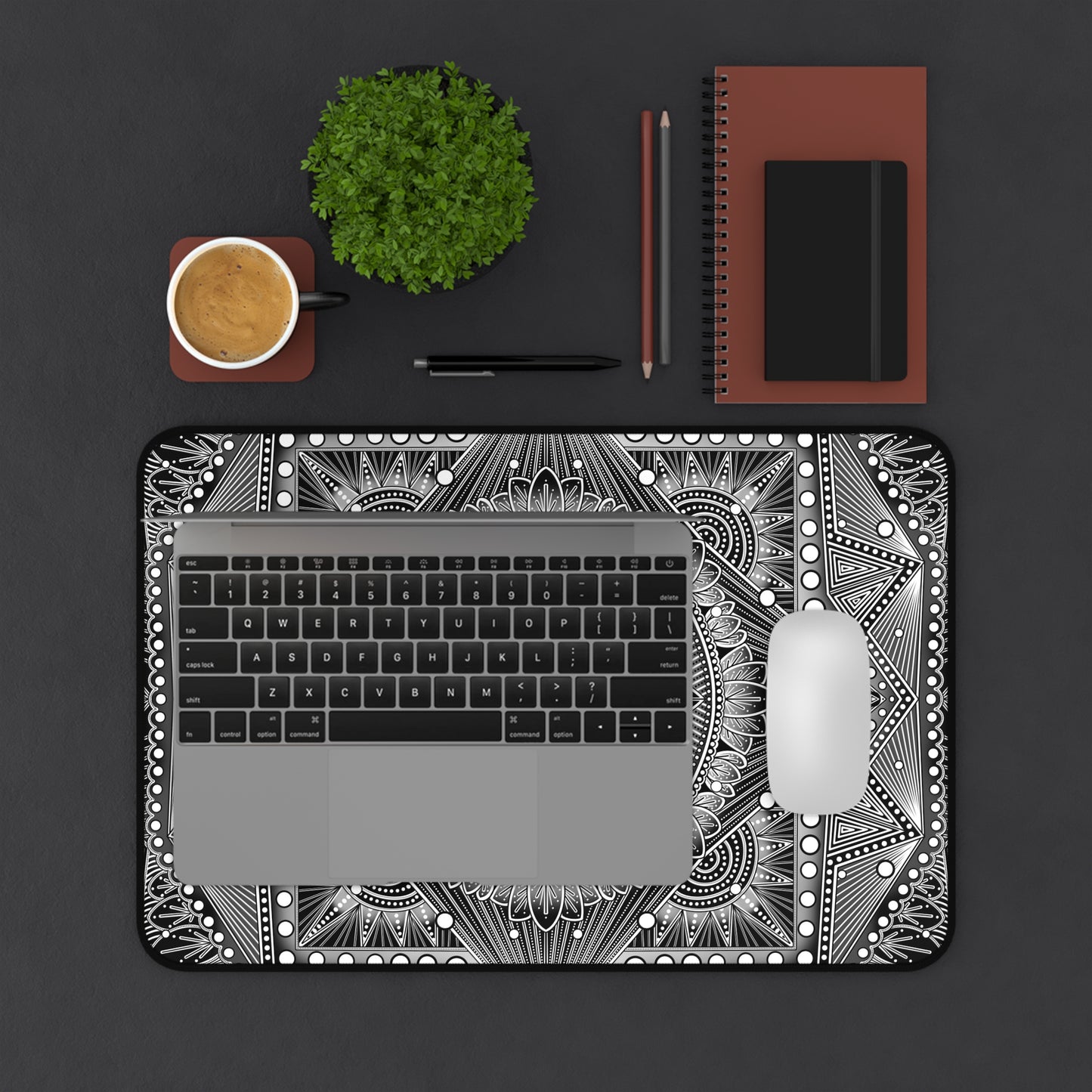 Desk Mat, Monochrome Mandala Design by Anndria, Unique Black and White Custom Work, Table Protector, Desk Pad, Office Decor, Mouse Pad