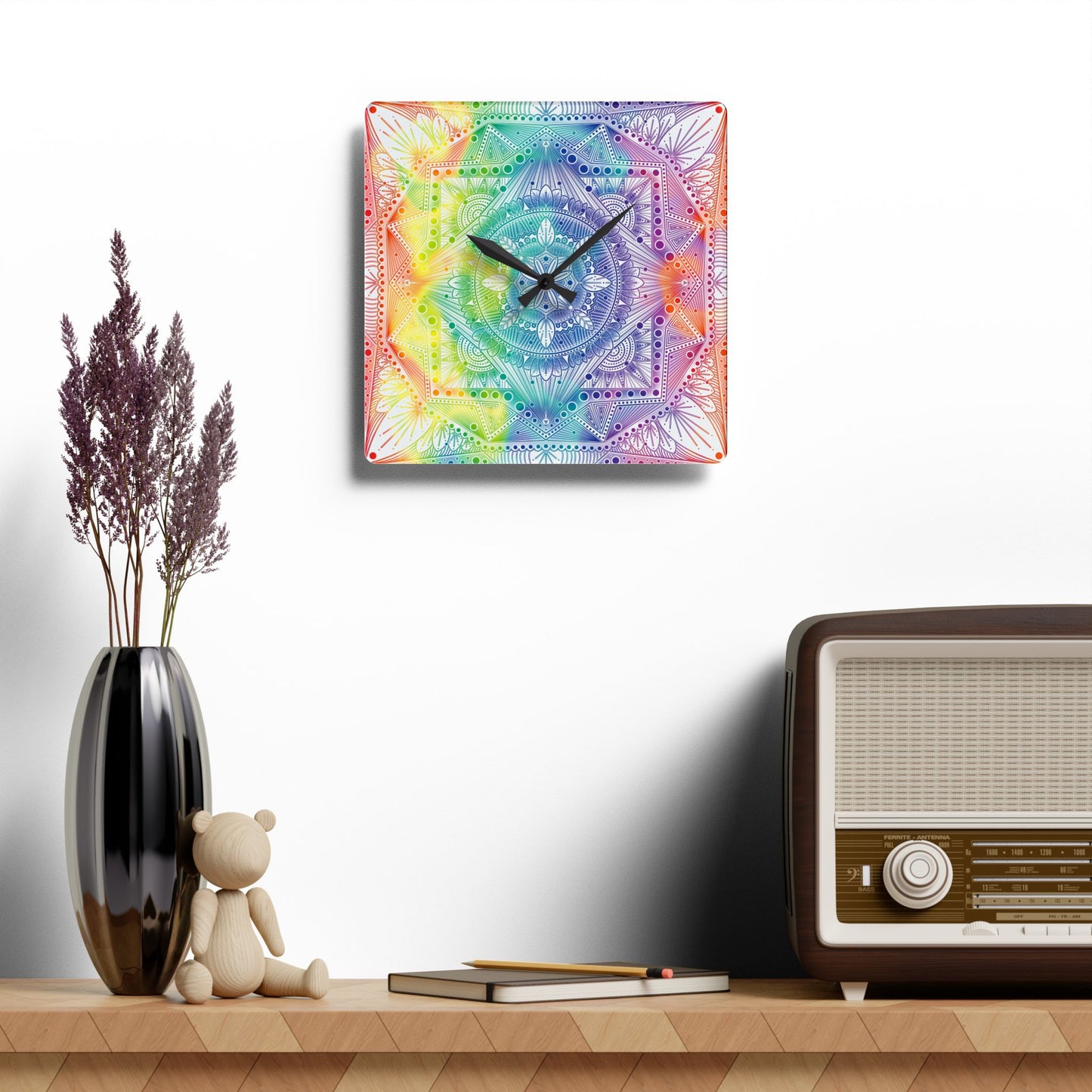 Mandala Wall Clock, Rainbow Holographic Acrylic Clock, Psychedelic Art, Colorful Home Decor, Unique Gift Idea, Anndria Design