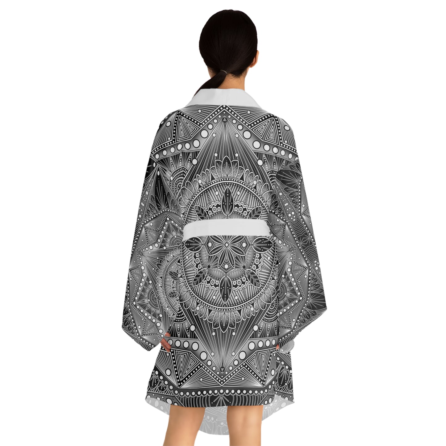 Monochrome Black and White, Kimono Robe, Mandala Style, Long Sleeve Wrap, Boho Bathrobe, Colorful Lounge Wear, Anndria Art, Spa Robe