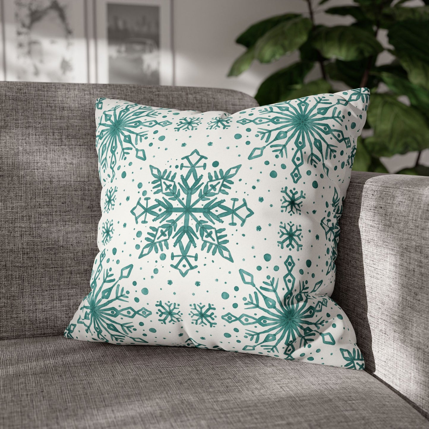 Pillowcase Watercolor Snowflake Design - Teal and White