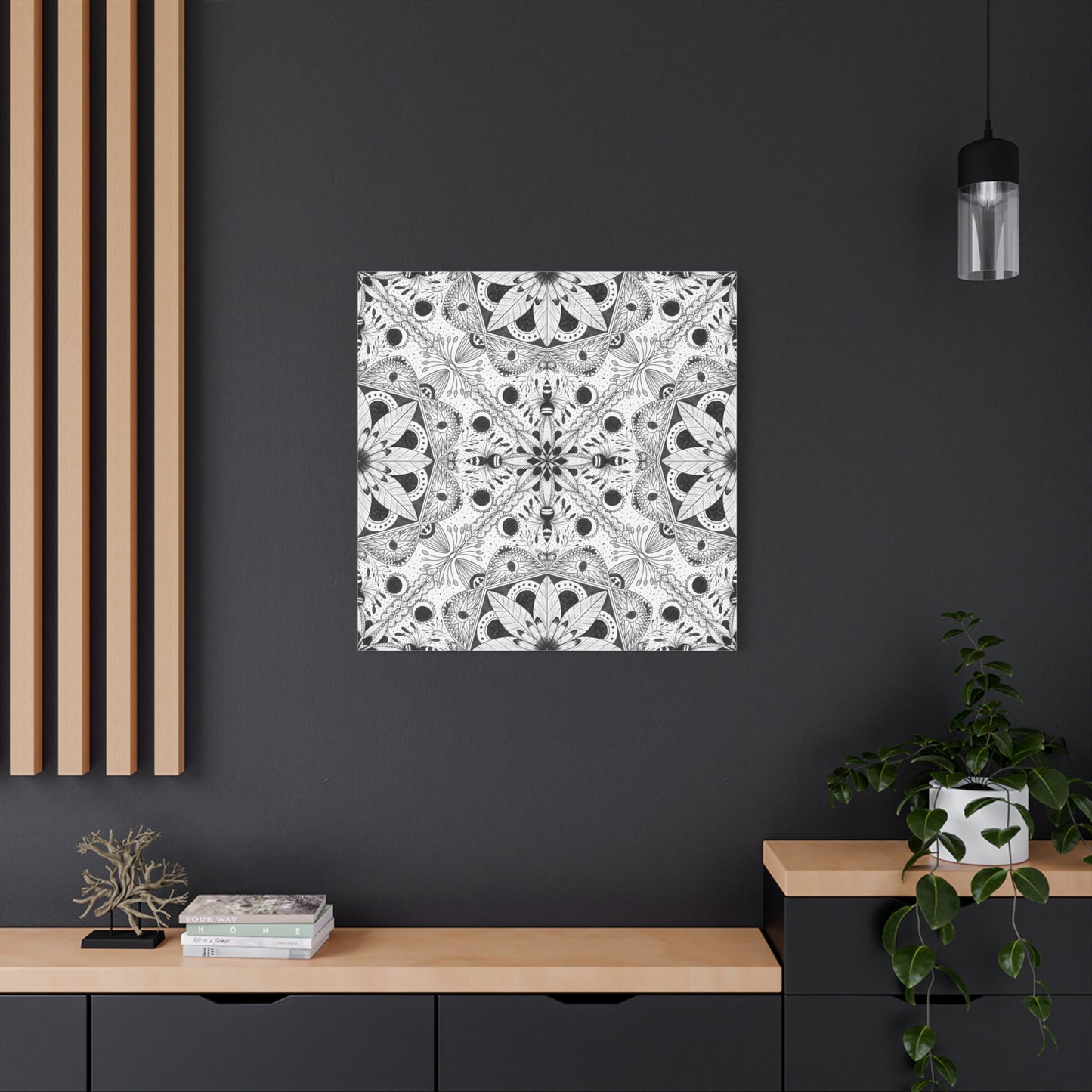 Black and White Floral Pattern Canvas Wall Art - Witchy Moth and Moons