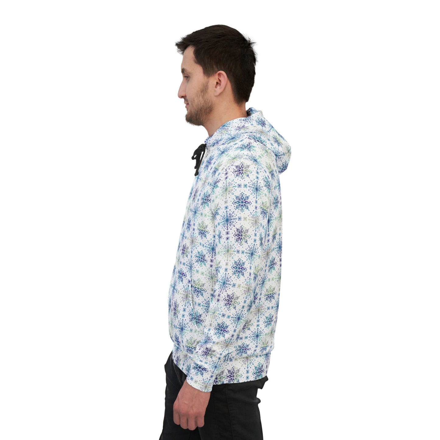 Snowflake Athletic Hoodie - Watercolor Design by Anndria - Frosty teal, purple and green