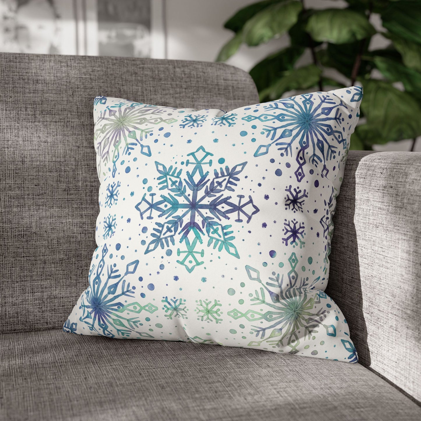 Pillowcase Watercolor Snowflake Design - Frosty teal, purple and green