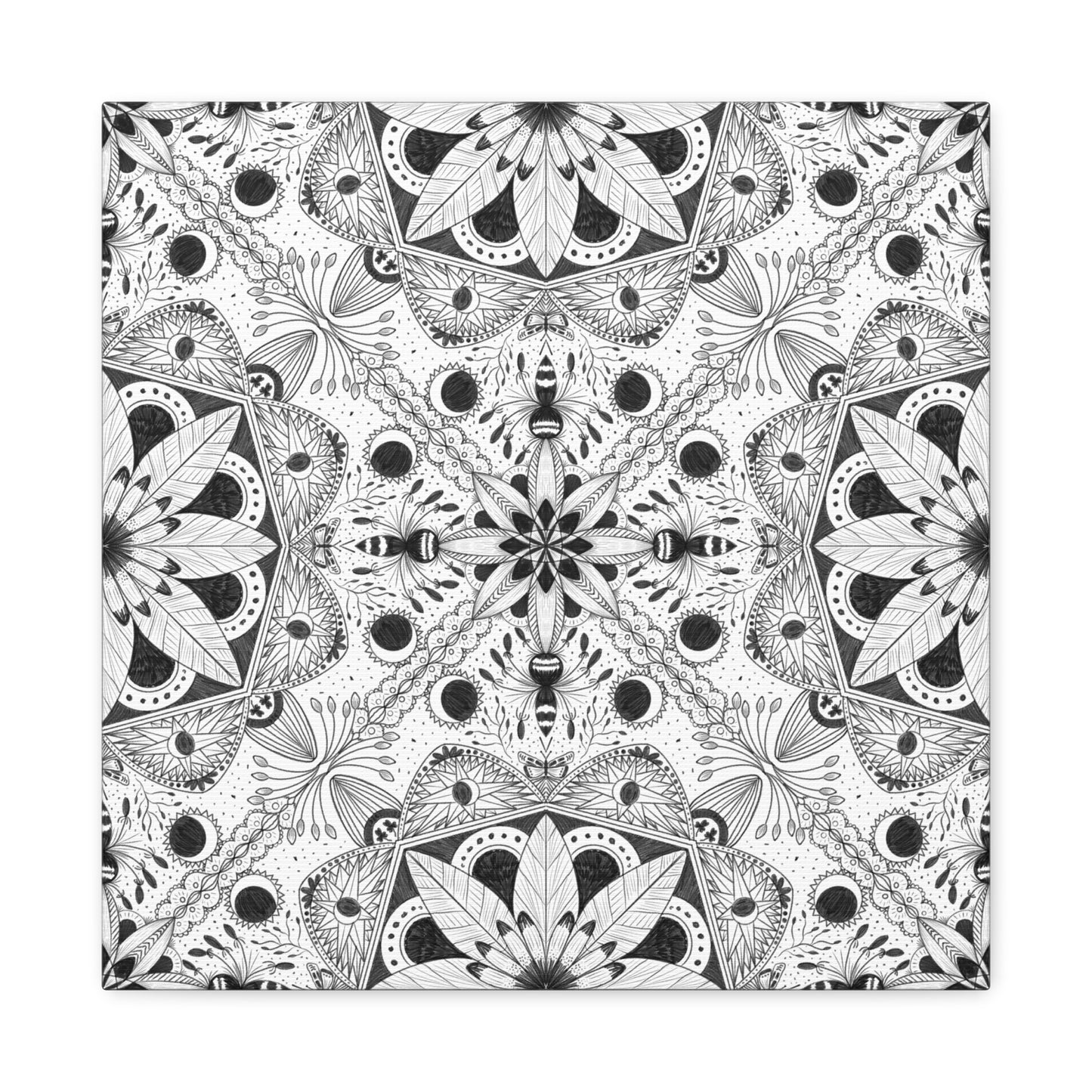 Black and White Floral Pattern Canvas Wall Art - Witchy Moth and Moons
