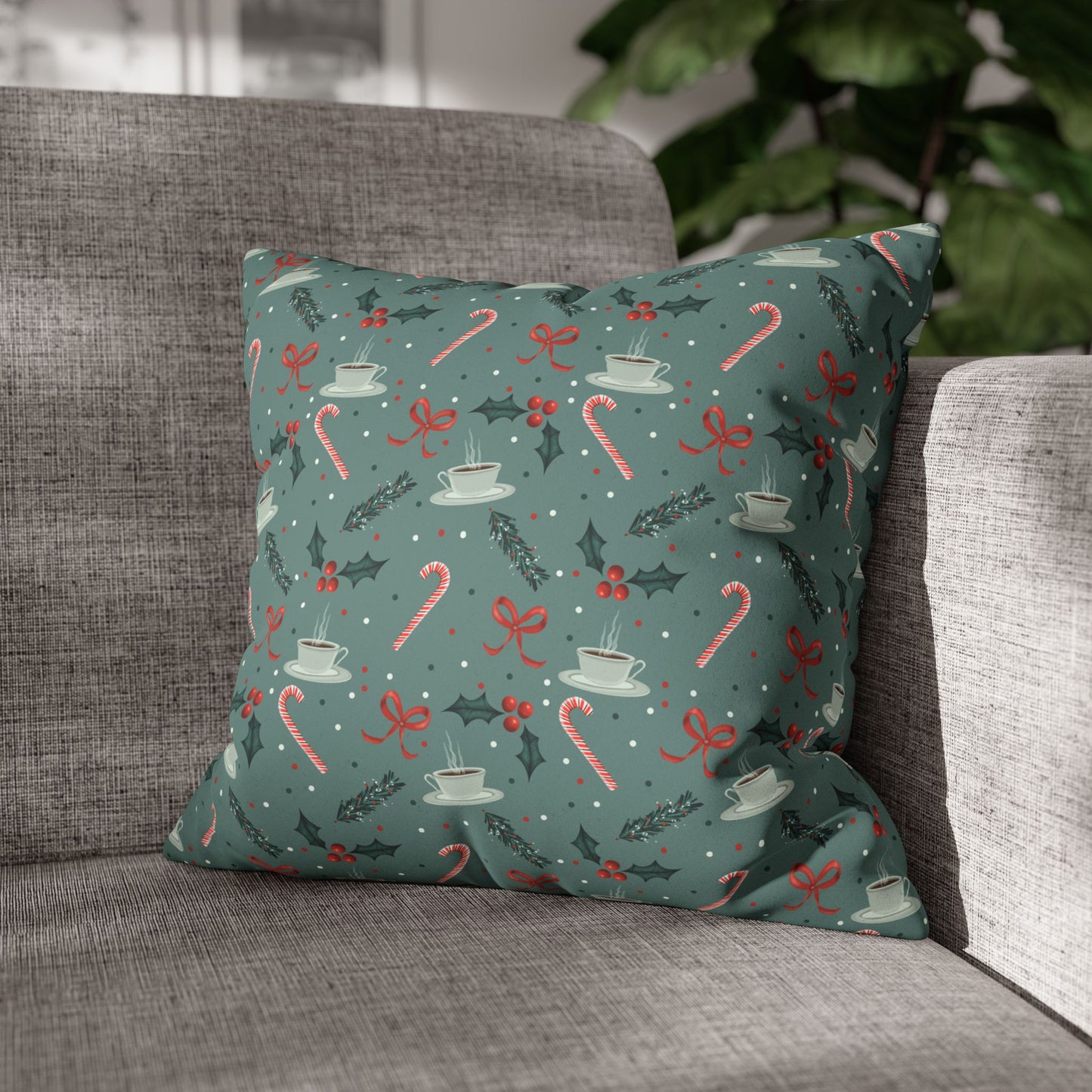 Throw Pillow Christmas Candy Canes Pine Sprigs Coffee Holly Bows Faux Suede - Cool Green