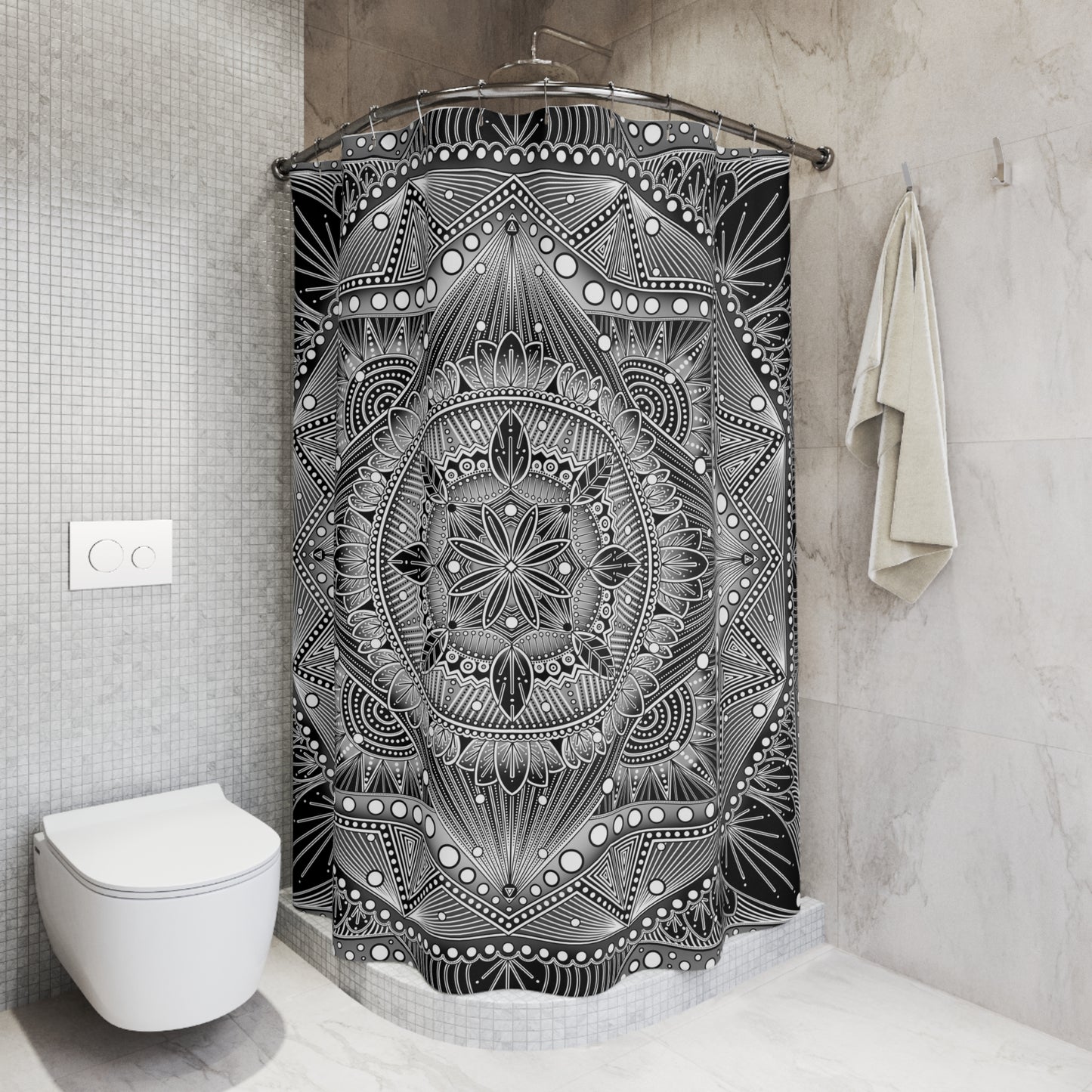 Shower Curtains - Monochrome, black-and-white Mandala Design by Anndria, Bathroom Decor, Waterproof Curtain, Bath Accessory, Boho Home
