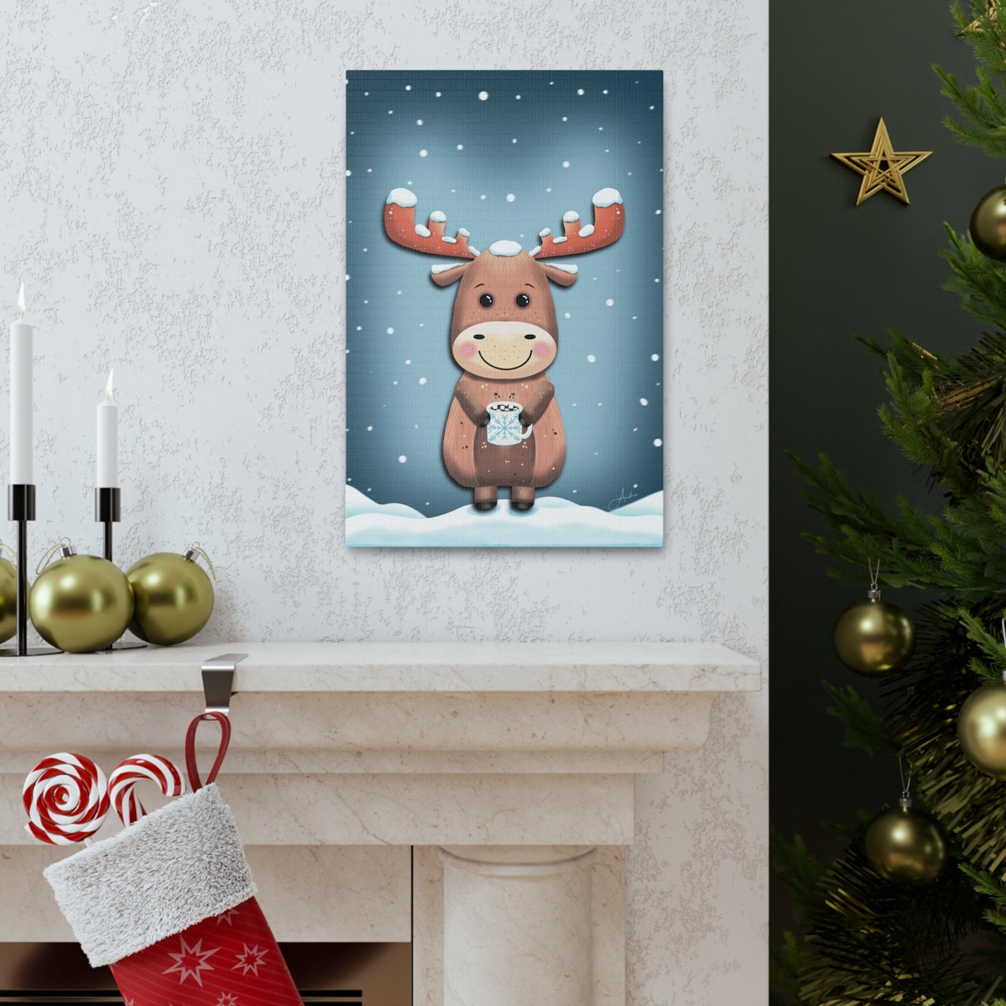 Canvas Wall Art, Cute Moose Covered in Snow, Hot Chocolate with Marshmallows, Frosty Sips Illustration, Winter Cabin Decor, Wildlife Animal