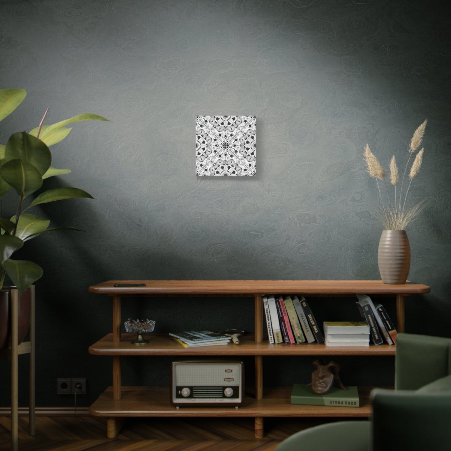 Black and White Floral Pattern Canvas Wall Art - Witchy Moth and Moons