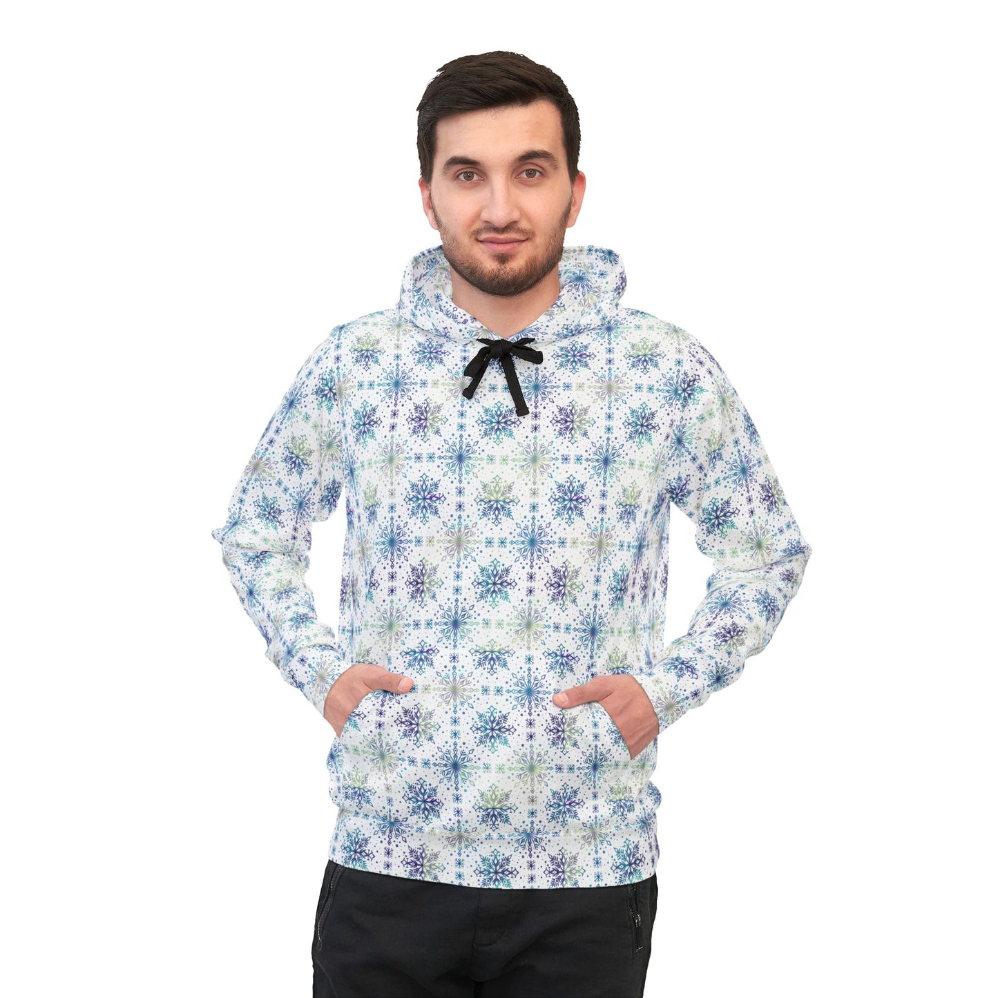 Snowflake Athletic Hoodie - Watercolor Design by Anndria - Frosty teal, purple and green