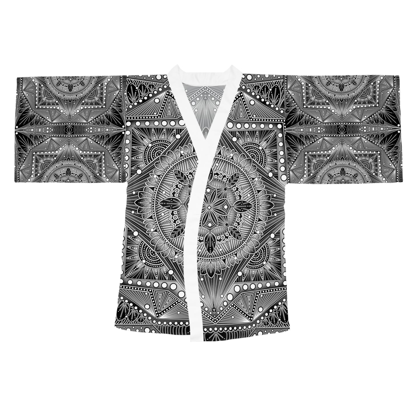 Monochrome Black and White, Kimono Robe, Mandala Style, Long Sleeve Wrap, Boho Bathrobe, Colorful Lounge Wear, Anndria Art, Spa Robe