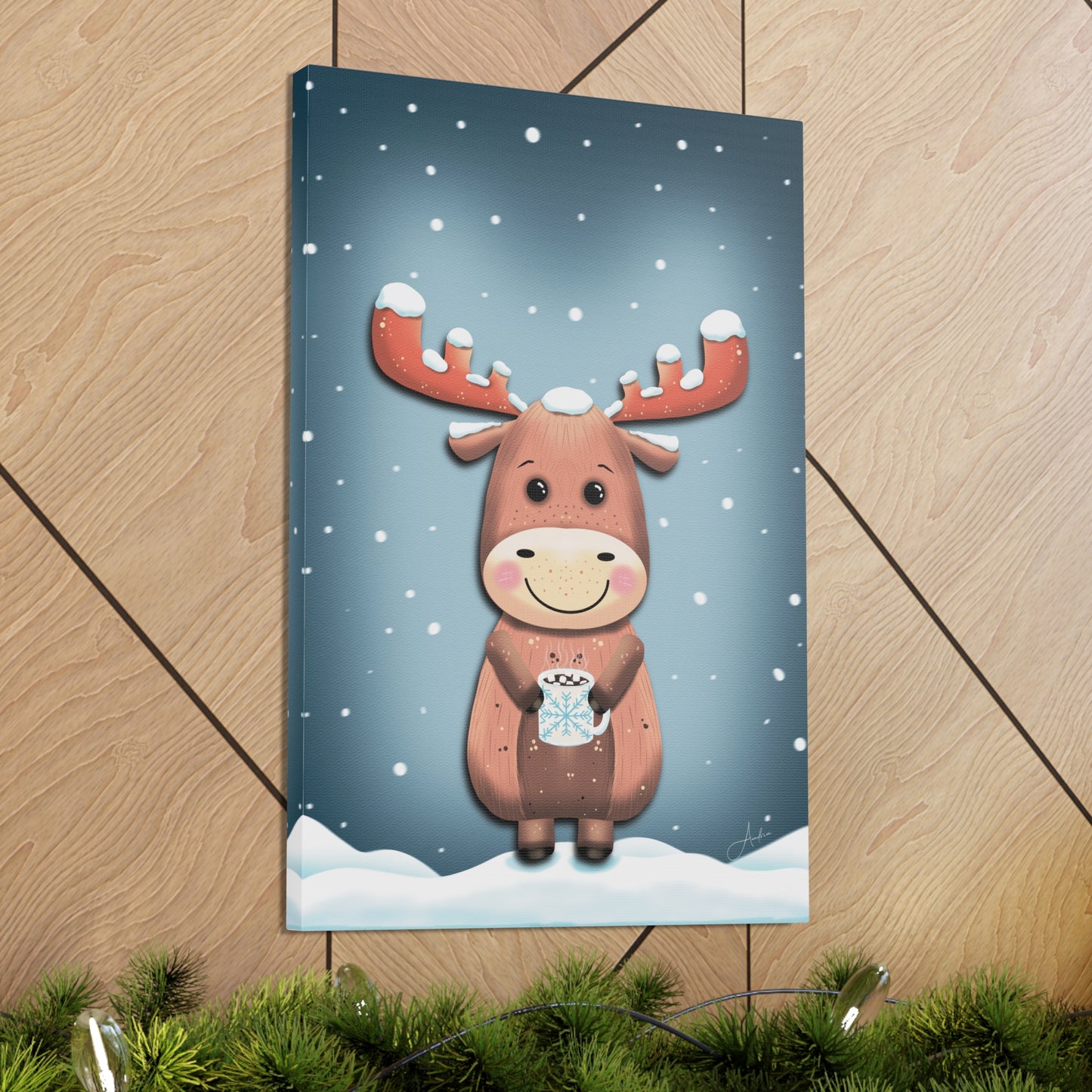 Canvas Wall Art, Cute Moose Covered in Snow, Hot Chocolate with Marshmallows, Frosty Sips Illustration, Winter Cabin Decor, Wildlife Animal