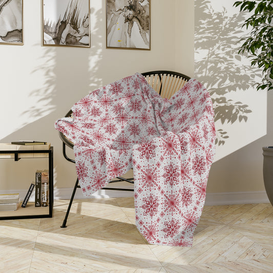 Velveteen Microfiber Blanket - Watercolor Snowflake Design by Anndria - Red and White