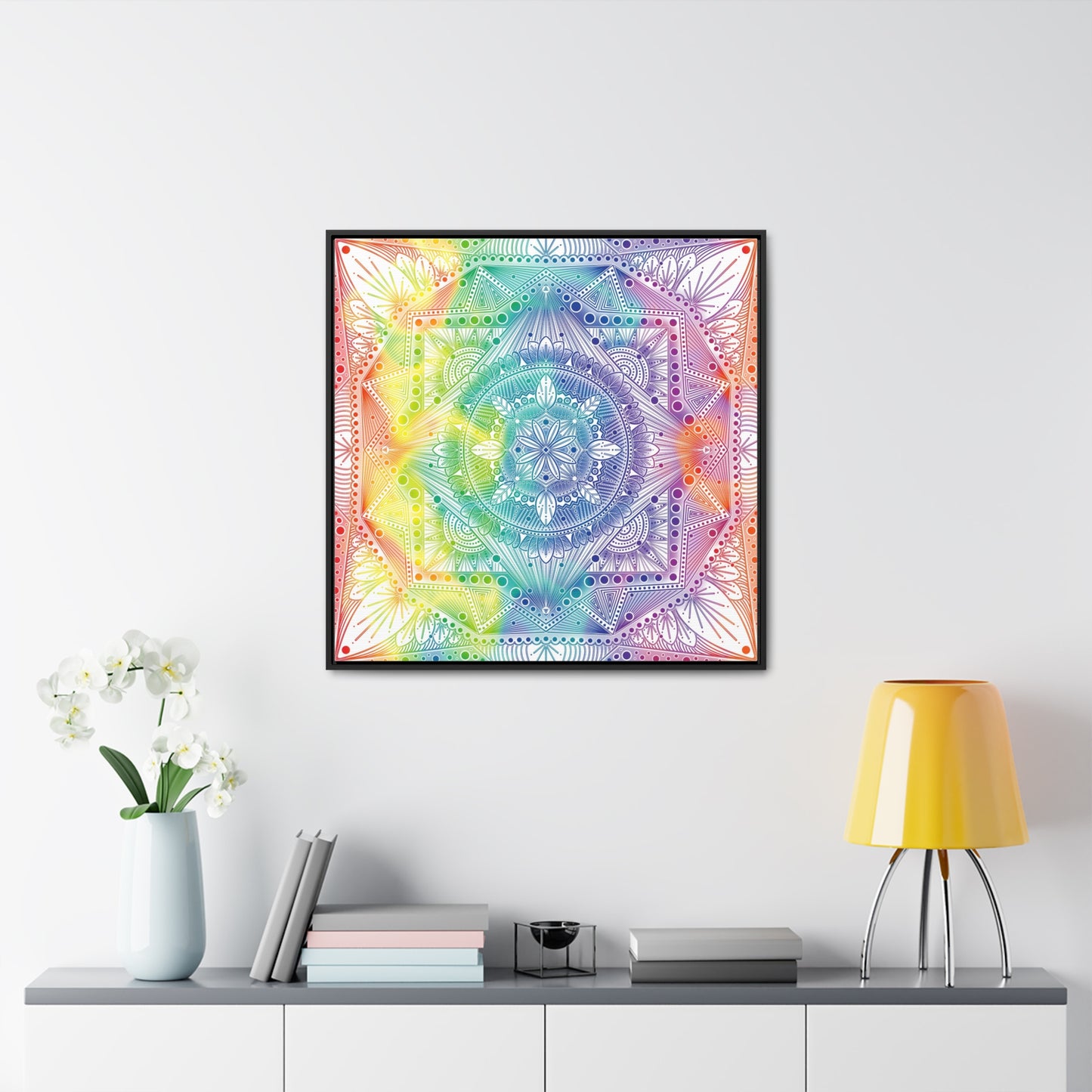 Canvas Prints, Holographic Rainbow Mandala Artwork, Square Frame, Psychedelic Wall Decor, Abstract Art Gift
