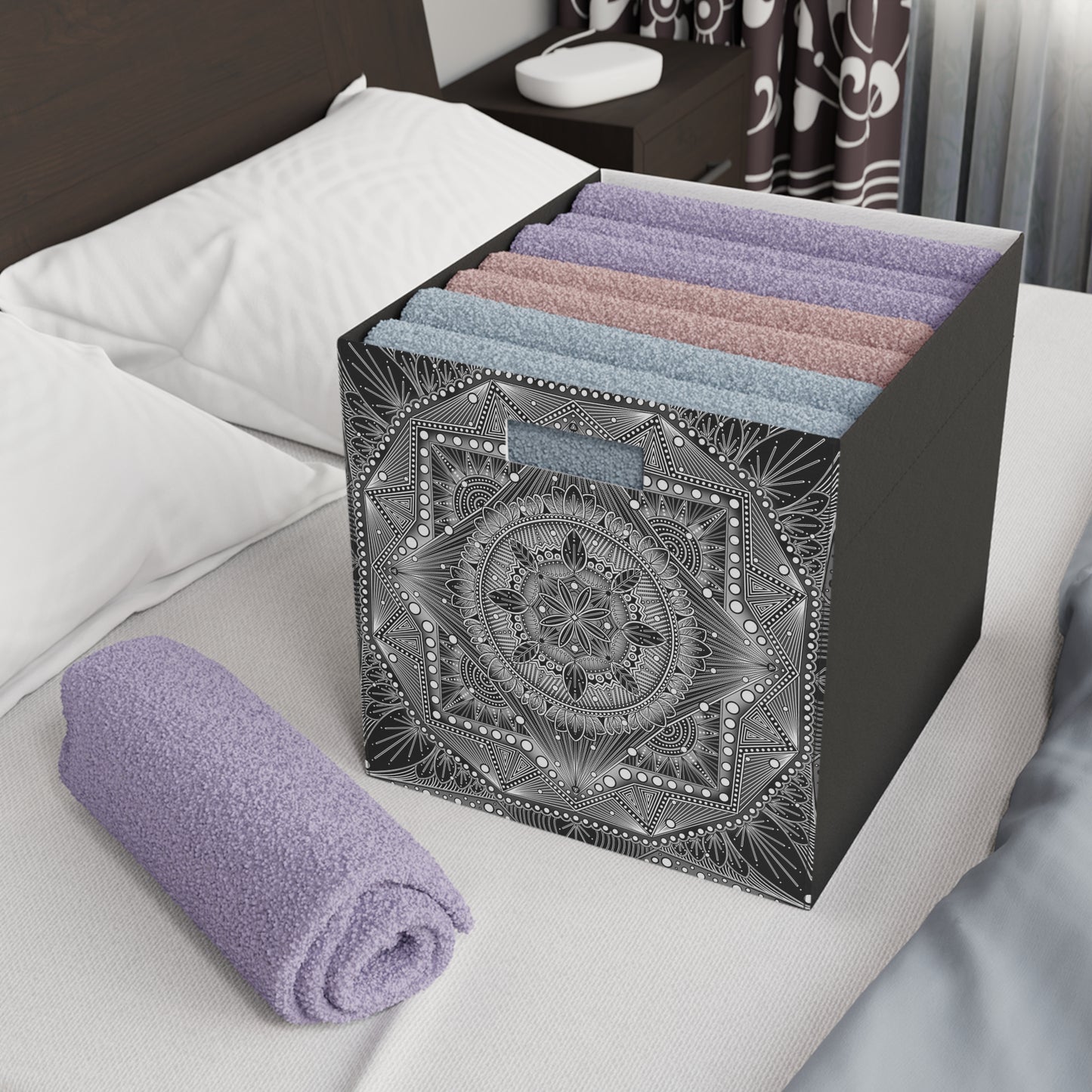 Felt Storage Box, Monochrome Mandala Design, Custom Organizer, Black and White Container, Unique Hand Drawn Storage Bin, Anndria Artwork