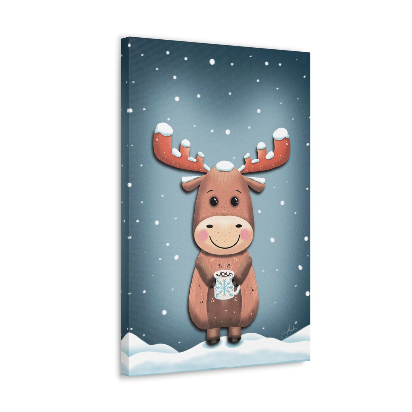 Canvas Wall Art, Cute Moose Covered in Snow, Hot Chocolate with Marshmallows, Frosty Sips Illustration, Winter Cabin Decor, Wildlife Animal