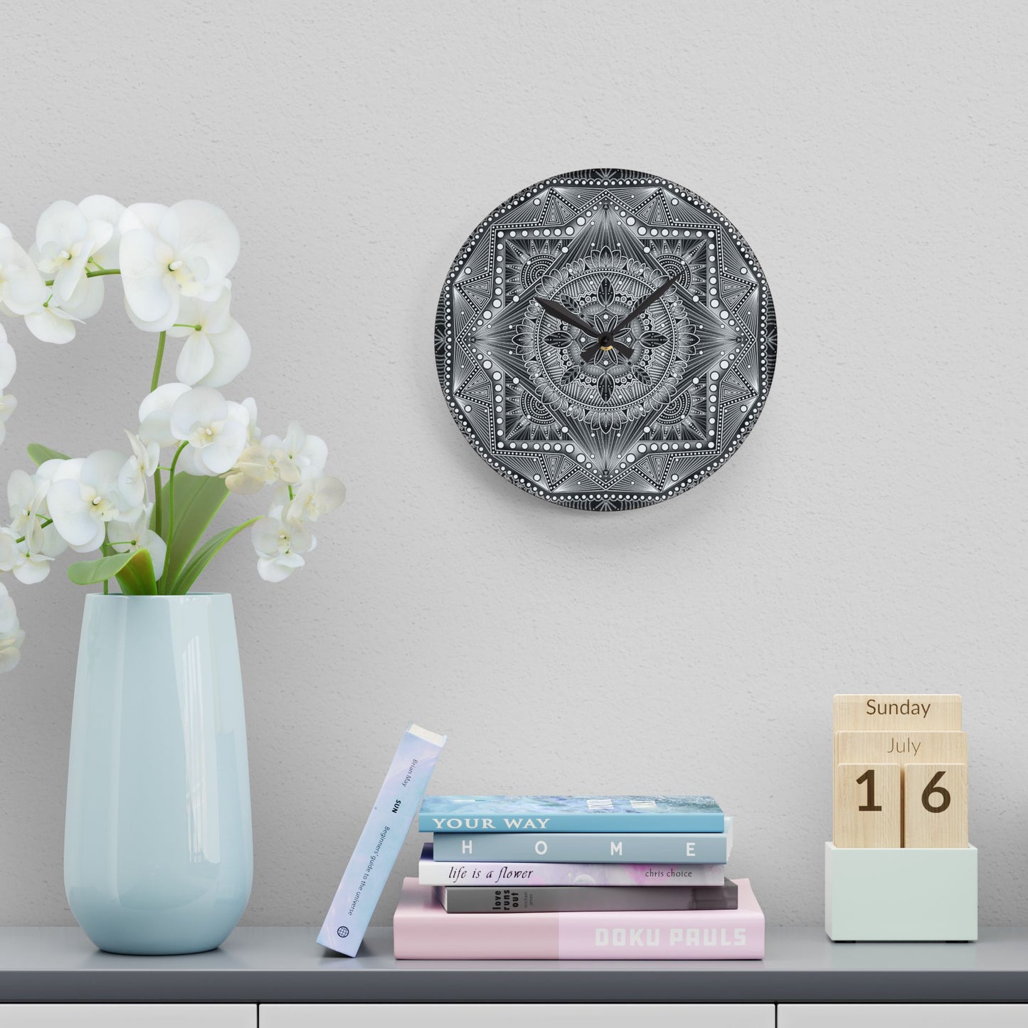Mandala Wall Clock, Unique Acrylic Clock, Boho Home Decor, Hand Drawn Artwork, Modern Office Clock, Geometric Design Decor