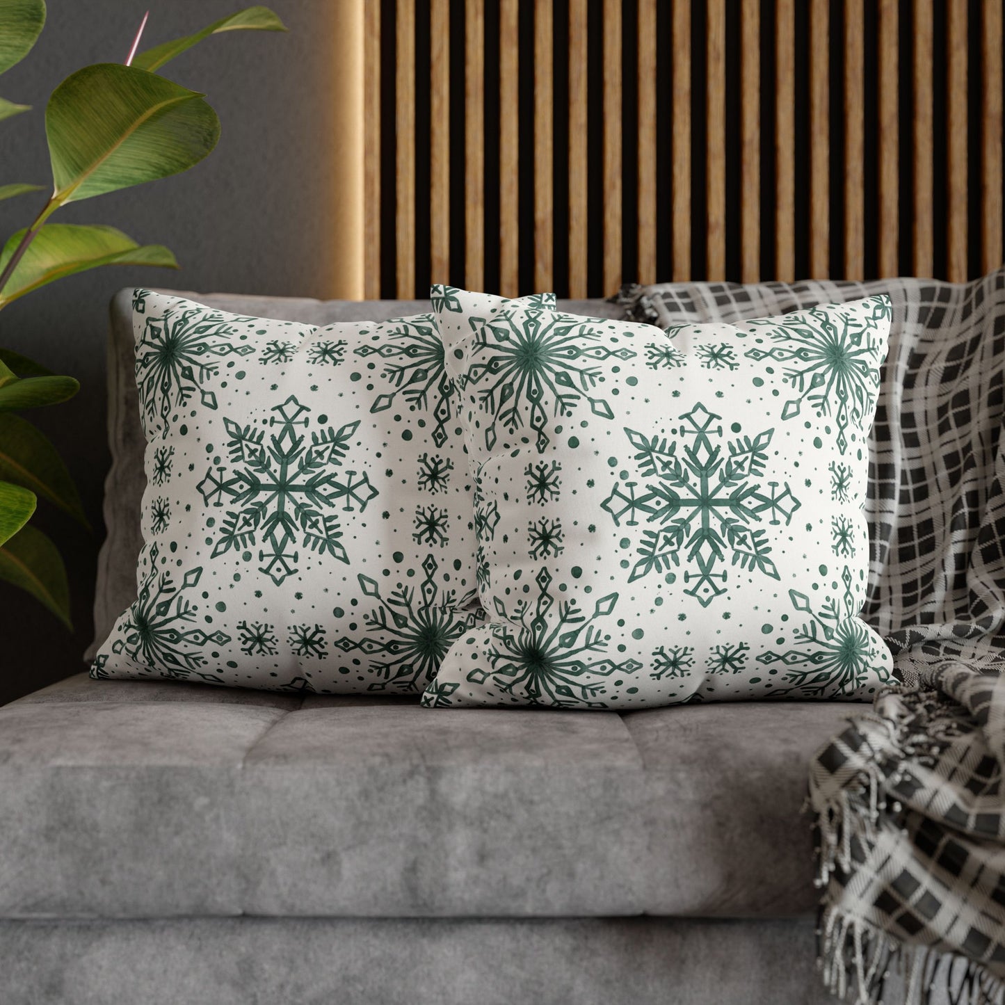 Pillowcase Watercolor Snowflake Design - Green and White