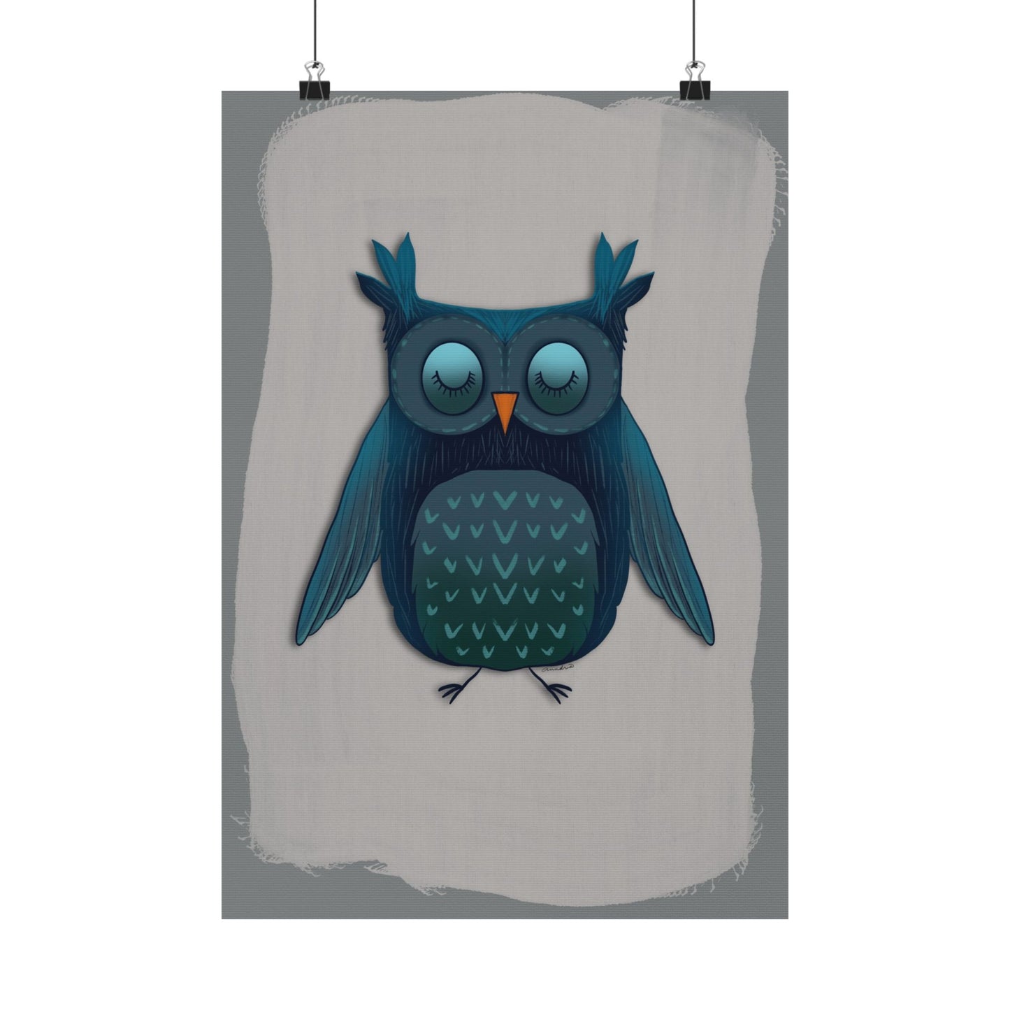 Vertical Poster, Blue Owl Art Print, Matte Finish Wall Decor, Anndria Design, Bird Lover Gift, Nature Theme Decoration