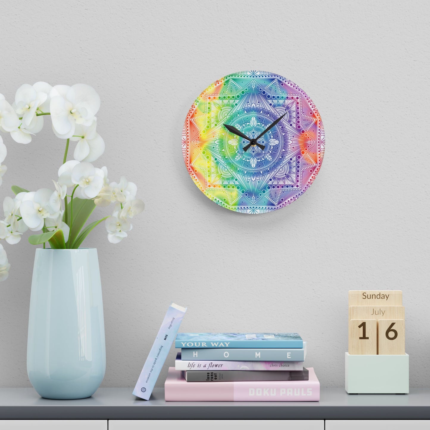 Mandala Wall Clock, Rainbow Holographic Acrylic Clock, Psychedelic Art, Colorful Home Decor, Unique Gift Idea, Anndria Design
