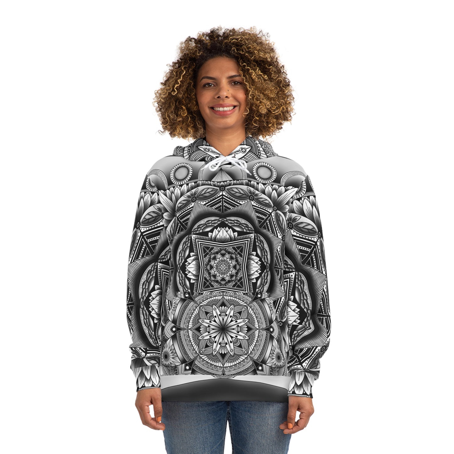 Mandala Fashion Hoodie, Hand-Drawn Black and White Artwork, Anndria Design, Boho Chic Sweatshirt, Unique Hooded Top, Trendy Pullover, Cozy