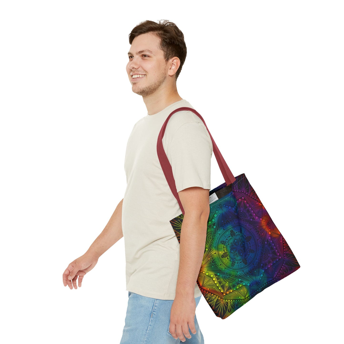 Holographic Mandala Tote Bag - Rainbow Custom Design by Anndria, Unique Shoulder Handbag for Women, Colorful Beach Carryall, Boho Shopping