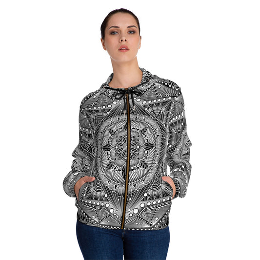 Monochrome Mandala Women's Full-Zip Hoodie, Anndria Artwork, Black and White Hooded Sweatshirt, Zip-Up Jacket, Spiritual Chic Apparel,