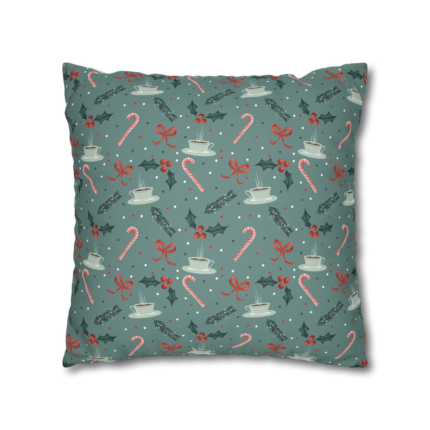Throw Pillow Christmas Candy Canes Pine Sprigs Coffee Holly Bows Faux Suede - Cool Green