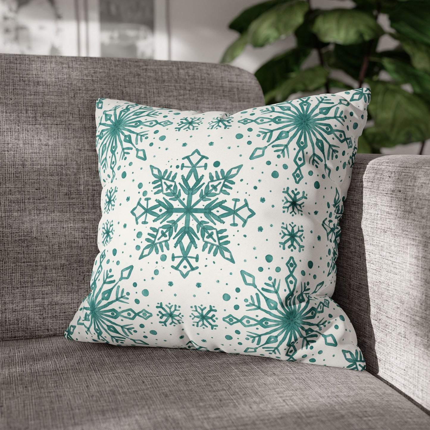 Pillowcase Watercolor Snowflake Design - Teal and White
