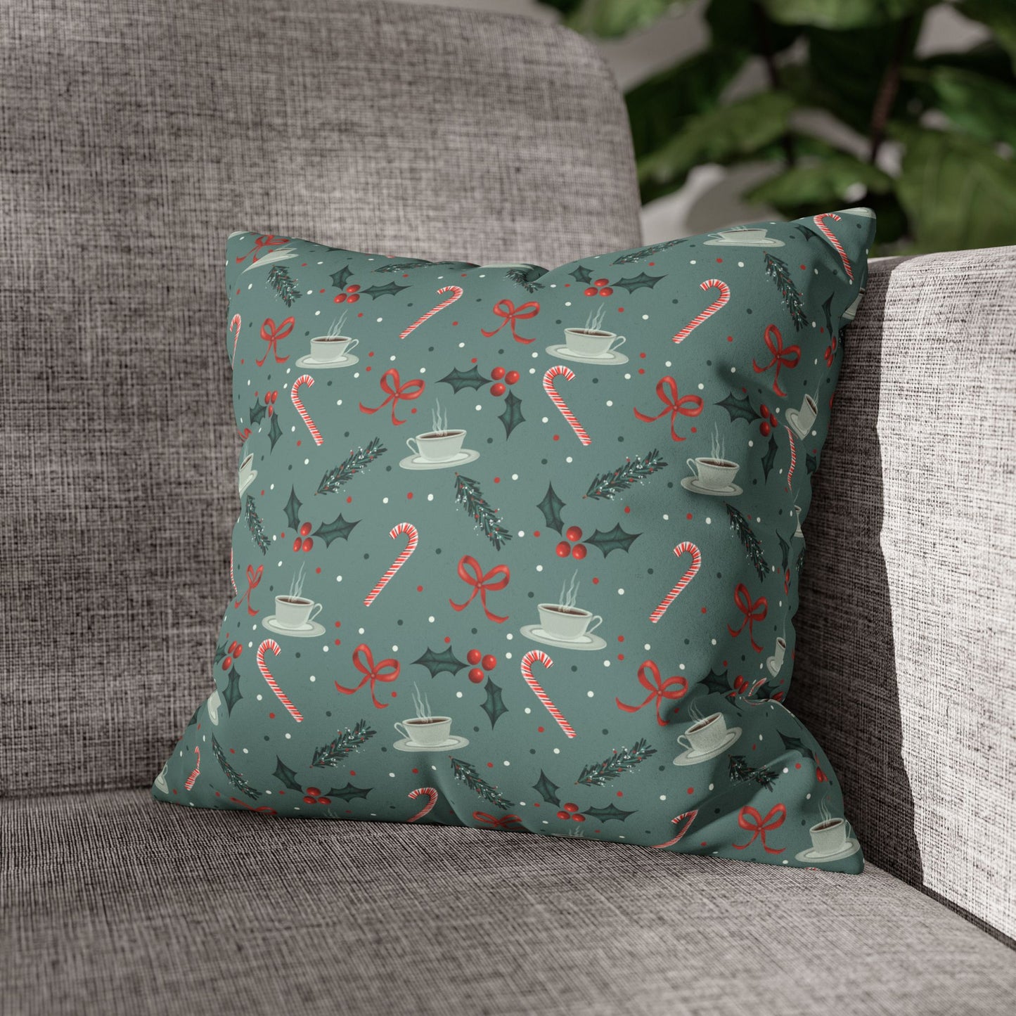 Throw Pillow Christmas Candy Canes Pine Sprigs Coffee Holly Bows Faux Suede - Cool Green