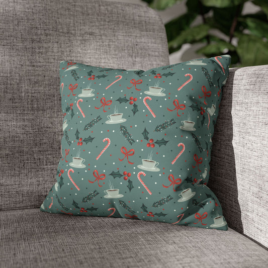 Throw Pillow Christmas Candy Canes Pine Sprigs Coffee Holly Bows Faux Suede - Cool Green