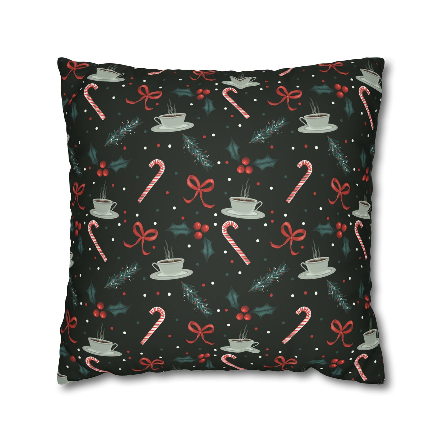 Throw Pillow Christmas Candy Canes Pine Sprigs Coffee Holly Bows Faux Suede - Dark Green