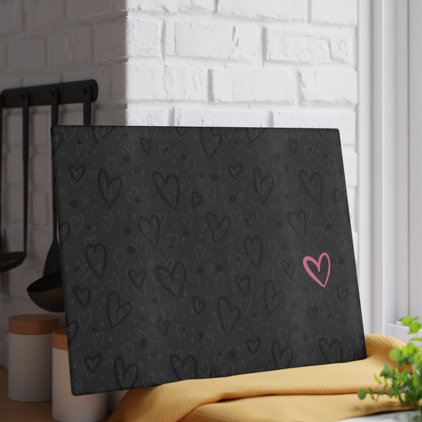 Cutting Board - Black Monochrome Heart Pattern with Pink Heart, Hand Drawn Design by Anndria, Millennial Gray Kitchen Decor