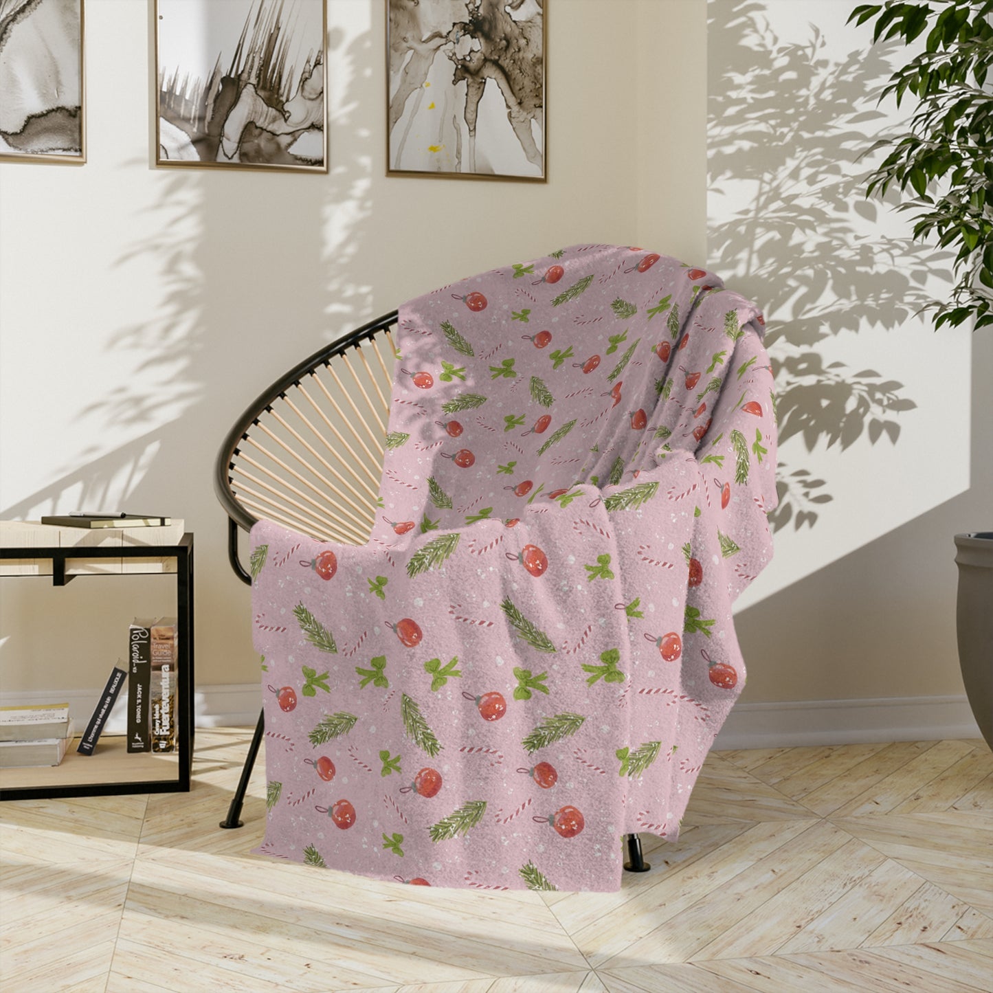 Velveteen Microfiber Blanket - Christmas Trim Pattern Watercolor Design - Pink