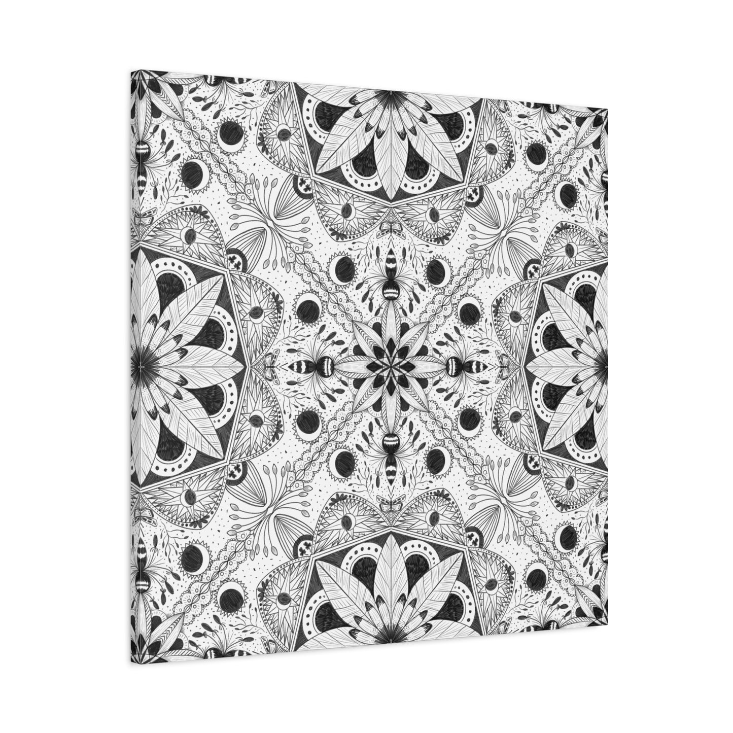 Black and White Floral Pattern Canvas Wall Art - Witchy Moth and Moons