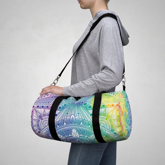 Rainbow Mandala Duffel Bag, Holographic Hiking Gym Weekend Travel Accessories, Custom Anndria Design, Unique Yoga Fitness Tote, Boho