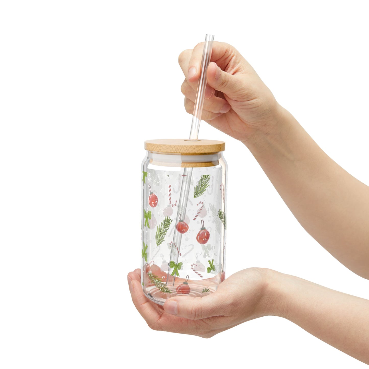 Sipper Glass Christmas Trimings Watercolor Design 16oz
