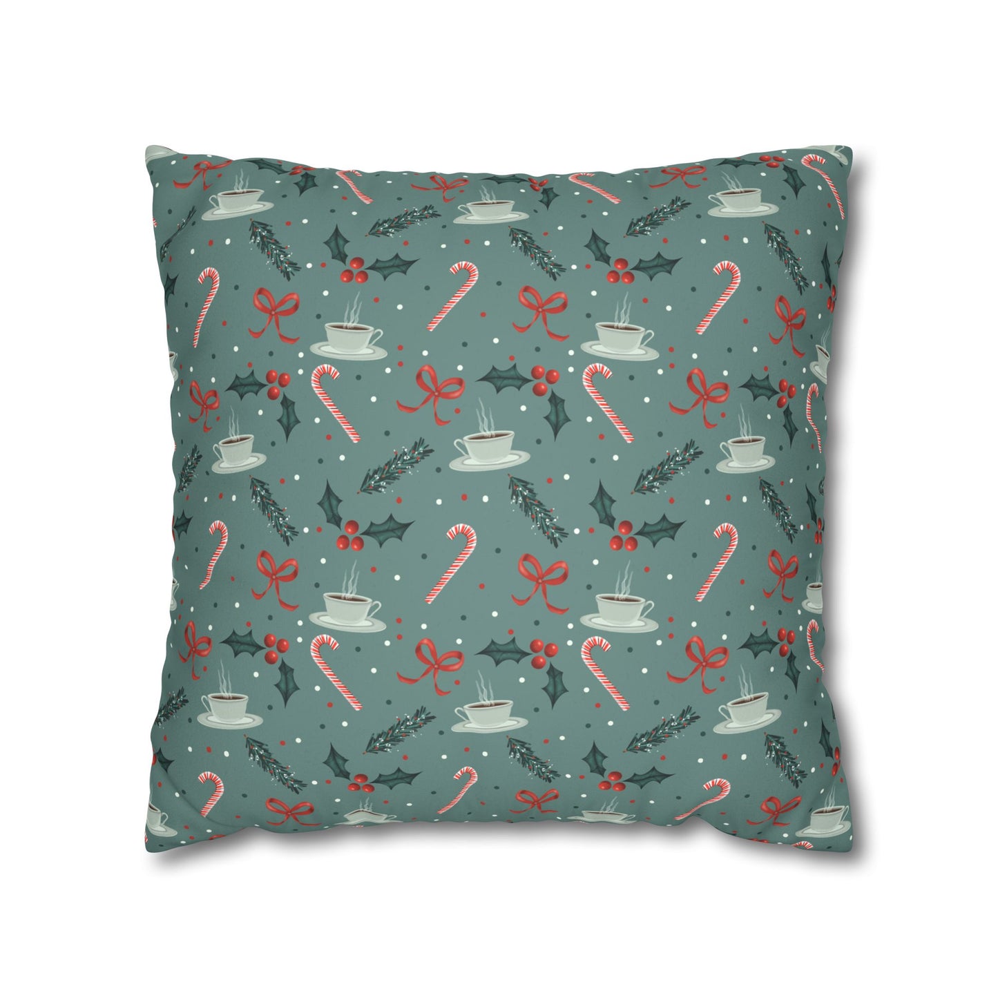 Throw Pillow Christmas Candy Canes Pine Sprigs Coffee Holly Bows Faux Suede - Cool Green