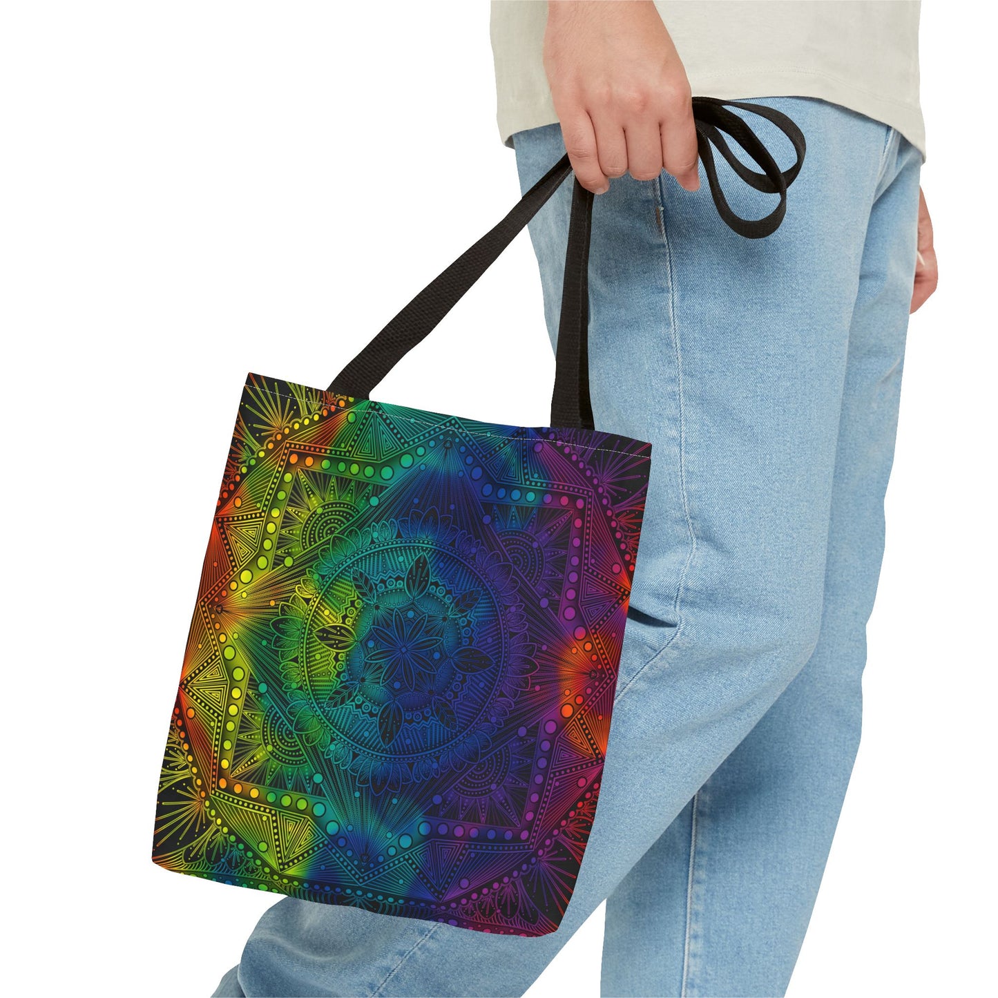 Holographic Mandala Tote Bag - Rainbow Custom Design by Anndria, Unique Shoulder Handbag for Women, Colorful Beach Carryall, Boho Shopping